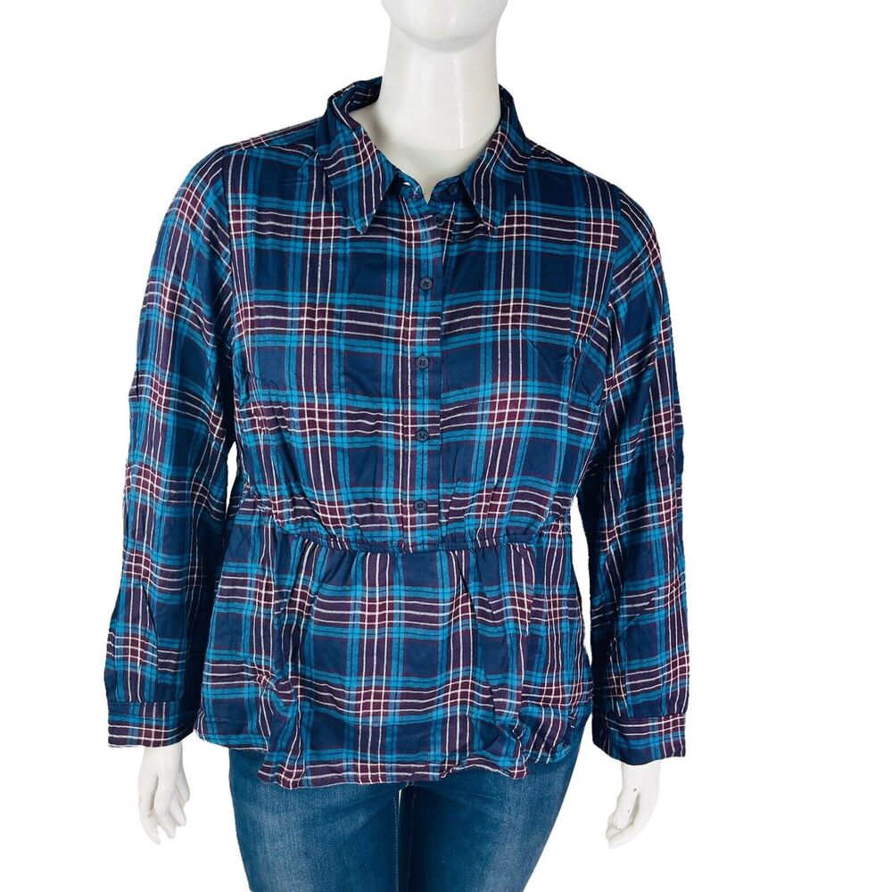 New Lane Bryant Womans Sz 18/20 Petite Blouse Blue Plaid‎ Long Sleeve NWT